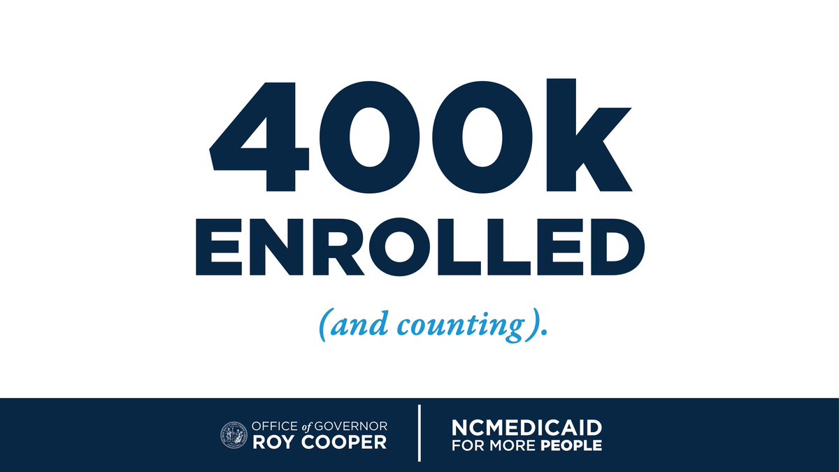 NC_Governor's tweet photo. Medicaid Expansion is changing lives across North Carolina. More than 400,000 North Carolinians have gained access to affordable, quality health care since December 1 — and we’re just getting started. https://t.co/0b45Y27EU1