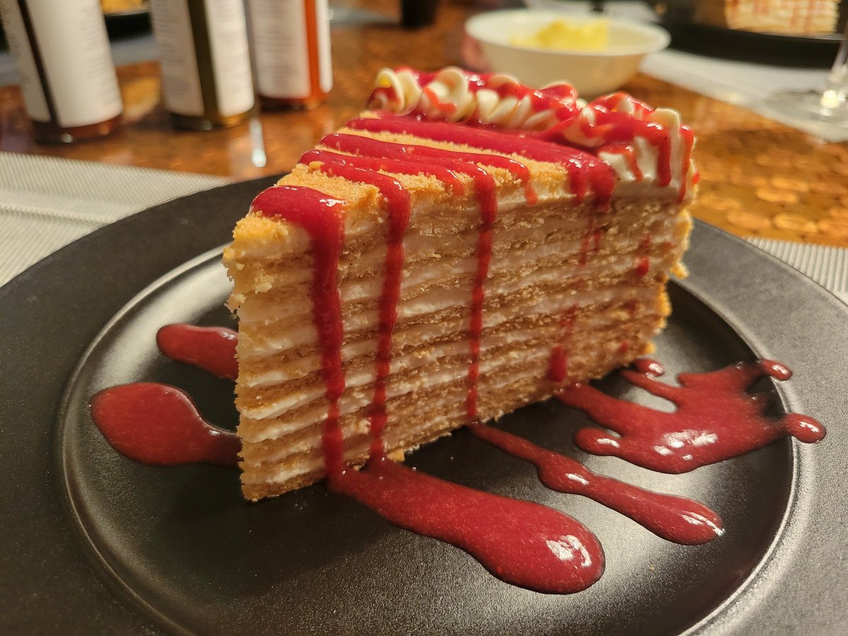 So yeah... some of you have seen it already.. I only make this once a year and I had some special guests for dinner @RyanVoutilainen. 10 layer honey cake, AKA Medovik, AKA 10 layers of goodness🥰 #yyc #foodie #dessert