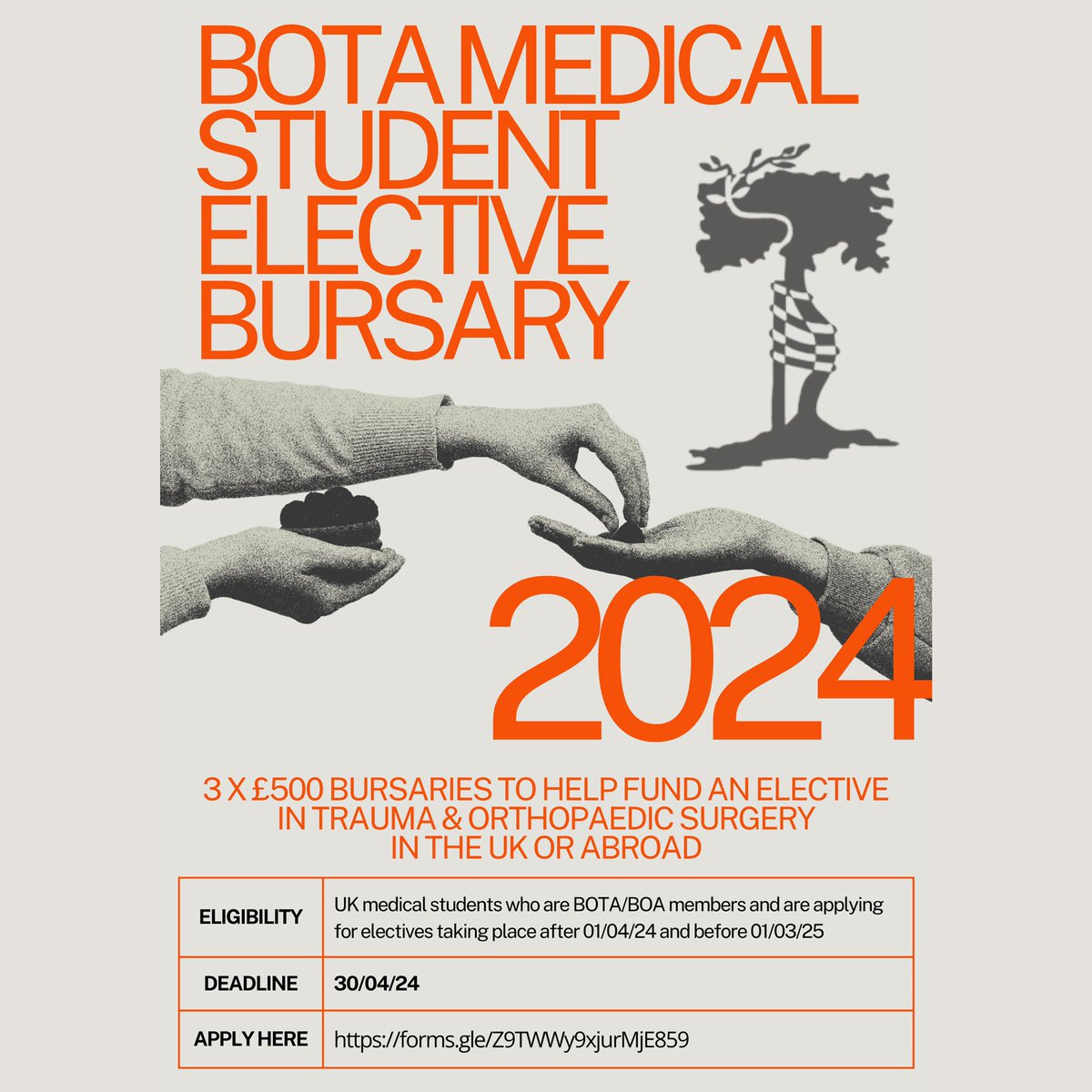 We are partnering with <a href="/bota_uk/">BOTA</a> to offer 3x£500 bursaries to help fund an Orthopaedic medical student elective between 1/4/24-1/3/25 🤩

Deadline: 30/4/24 @ 23:59. ⏱️

Applicants will be informed by the end of May 2024.

The application link is in our bio - good luck! 🤞