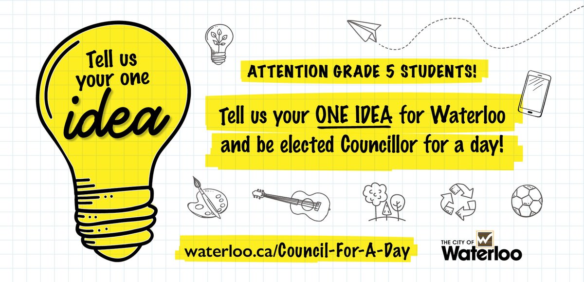 Know a Gr.5 student with great ideas? Get them to enter into our Council for a Day contest and share what they would do to make Waterloo a better place to live. Details here: waterloo.ca/council-for-a-…