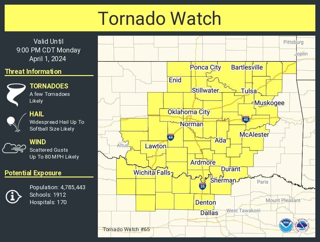 A tornado watch has been issued for parts of Oklahoma and Texas until 9 PM CDT