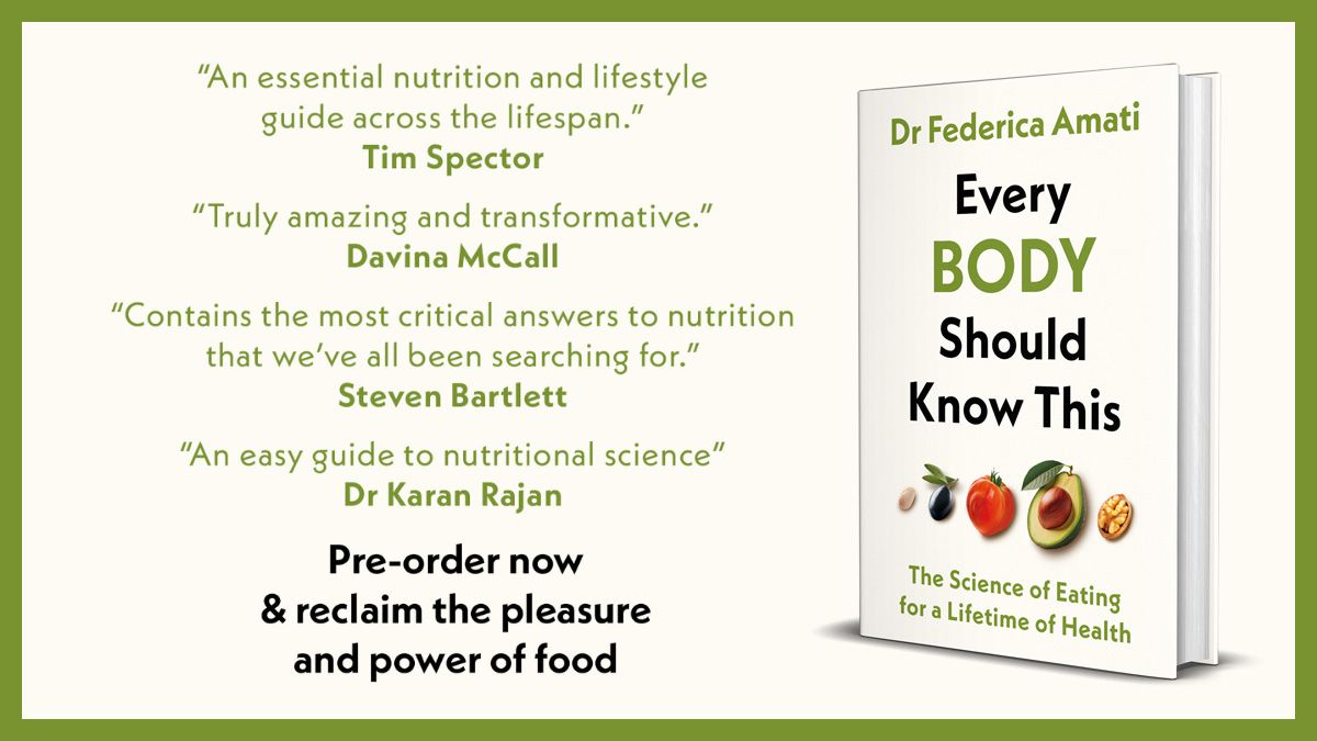 ‘An essential nutrition and lifestyle guide across the lifespan. A fascinating DIY guide to food and health – read it!’ @timspector Read Every Body Should Know This, by @DrFedeAmati and understand what foods are right for you: amzn.to/3NBge1k