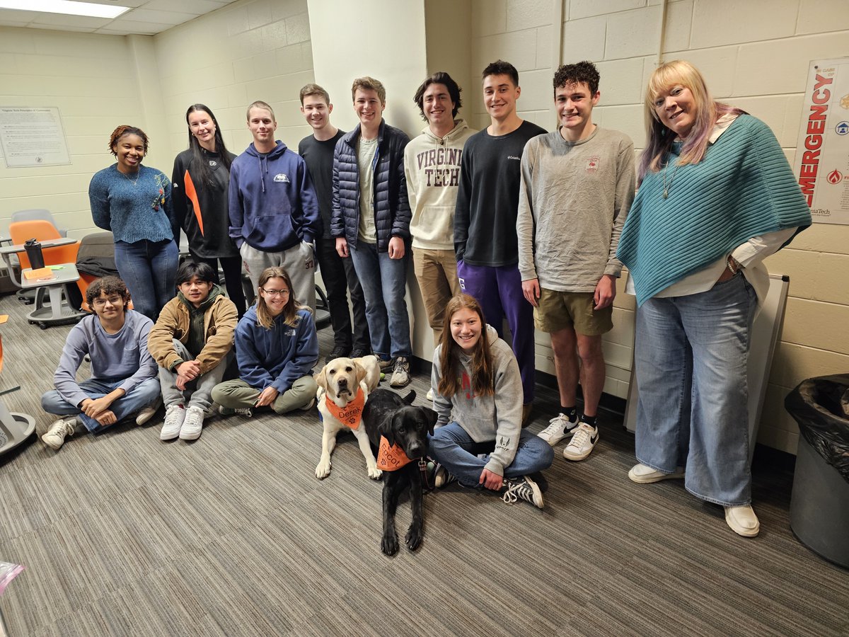 Derek and Epcot made a guest appearance in Dr. Katherine Hall’s ENGL 1106 class today, proving once again that #Hokies have the best study buddies. 🐾📖 Nothing beats the joy therapy dogs bring into our classrooms! #VTCommunity #TherapyDogs