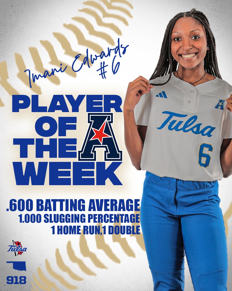 Imani Edwards is The American Player of the Week! 

🥎 Slashed .600/.600/1.000
🥎 Had two hits in every game
🥎 Homered in Friday's win! 
🥎 Scored five times and drove in three runs

#ReignCane 🌀🥎