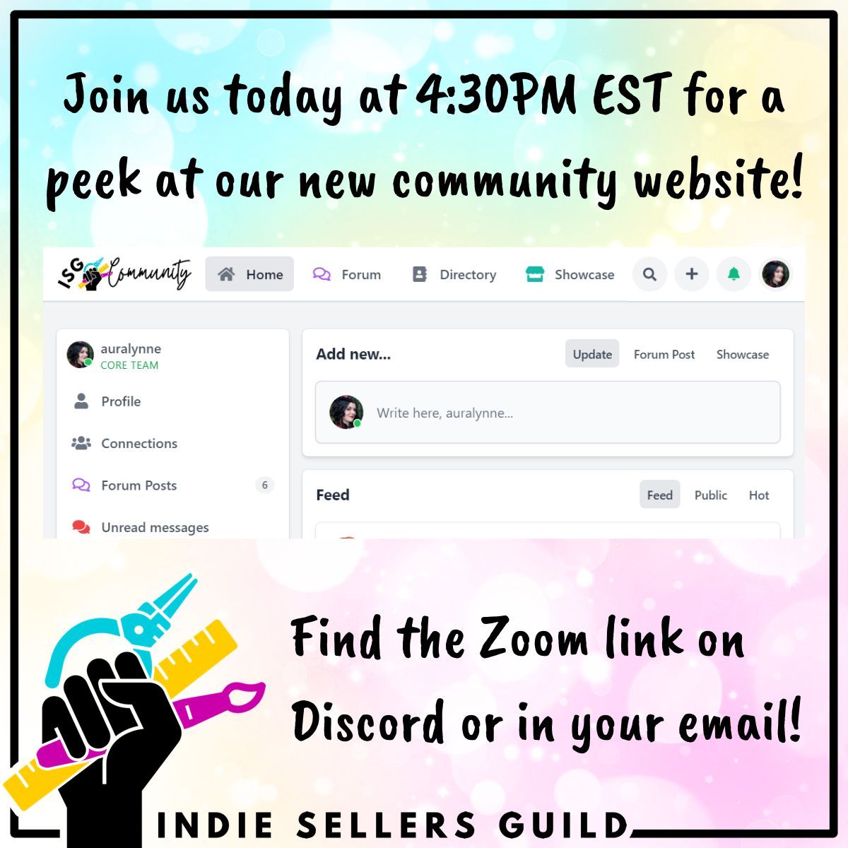 Today we'll be screensharing a peek of our new community website in our all-guild meeting! Find the Zoom link on Discord or in your email! Hope to see you soon. #indiesellersguild #supportsmallbusiness #indiestrong