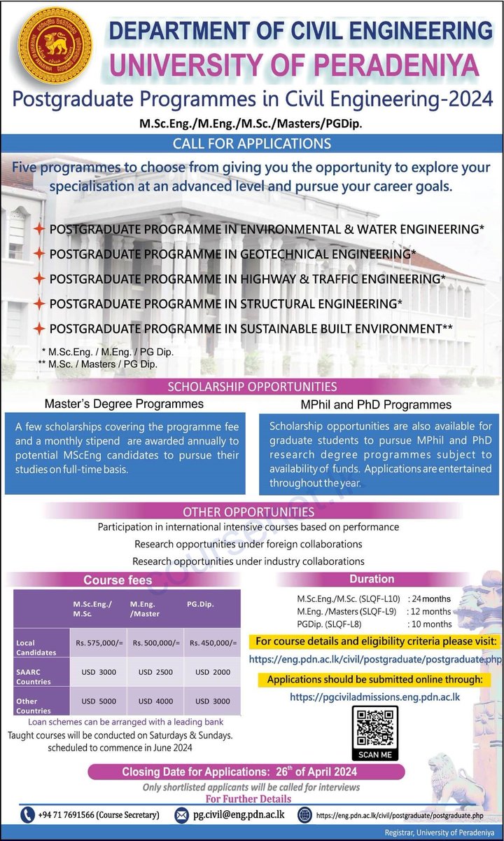 Postgraduate Programmes Offered by the Department of Civil Engineering, University of Peradeniya #masters #PGDiploma #engineering #civilengineering #postgraduate #coursenet