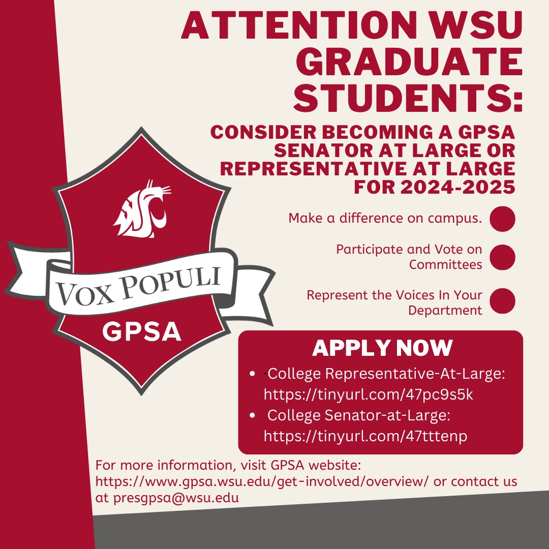 Open College Representative-at-Large Seat​ & College Senator-at-Large Open Application Timeline: Monday, 3/18 - Friday, 4/5 at 11:59pm. #WSU #GoCougs #WSUGradStudent