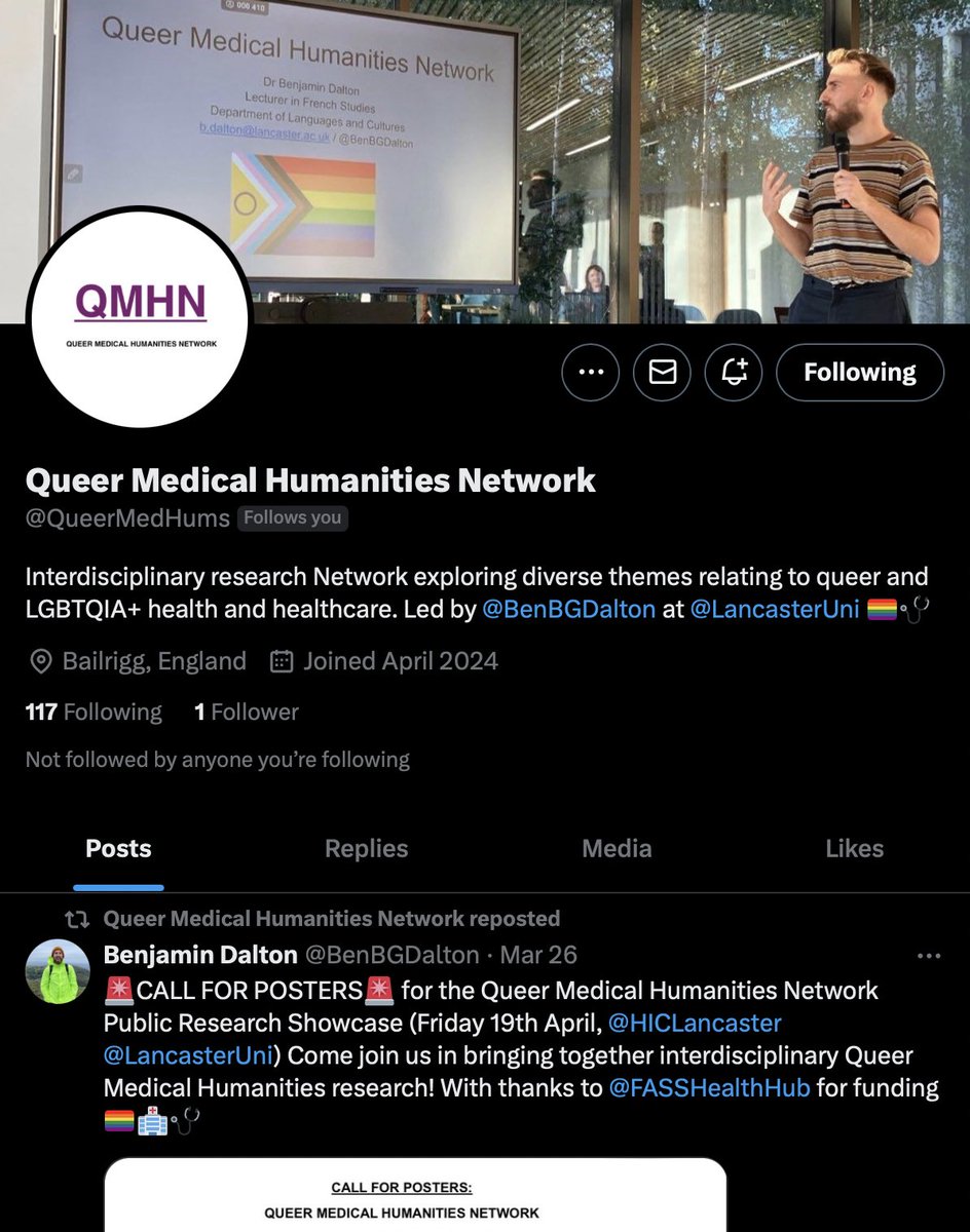 The Queer Medical Humanities Network now has an X account! Follow @QueerMedHums for all updates on the Network, including the upcoming Queer Medical Humanities Network Public Research Showcase on the 19th April @HICLancaster 🏳️‍🌈🩺
