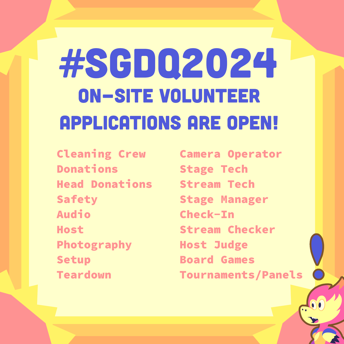On-site volunteering applications for #SGDQ2024 are open now until April 14th at 11:59PM PT! Apply here: gamesdonequick.com/profile Stay tuned for a few remote positions opening soon!