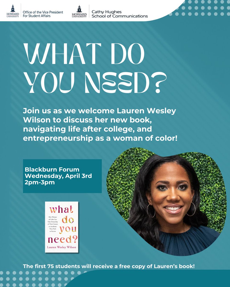 Join <a href="/Lwesleywilson/">Lauren Wesley Wilson</a>, founder of <a href="/ColorCommntwk/">ColorComm</a>, at Blackburn Forum this Wednesday, 4/3, 2-3 p.m. to hear her talk about her new book, "What do you need?" and discuss how to navigate life after college and entrepreneurship. Get there early for free copies of her book!
