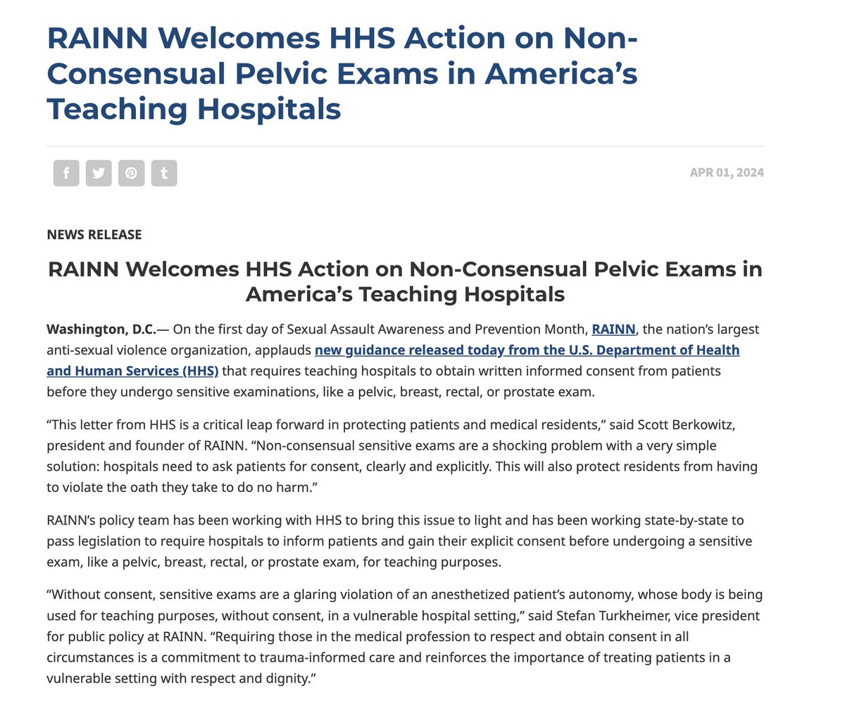 🗞️ RAINN Welcomes HHS Action on Non-Consensual Pelvic Exams in America’s Teaching Hospitals bit.ly/3TIQiTu