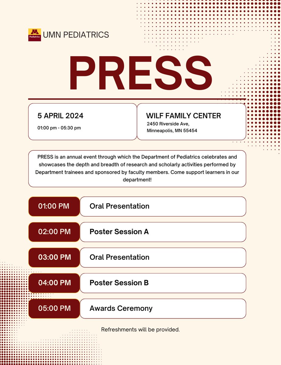 Join us this Friday for our annual PRESS event at the Wilf Family Center! We look forward to seeing you there and good luck to all participants! The full agenda is listed above.
#UMNPeds #PRESSAwards