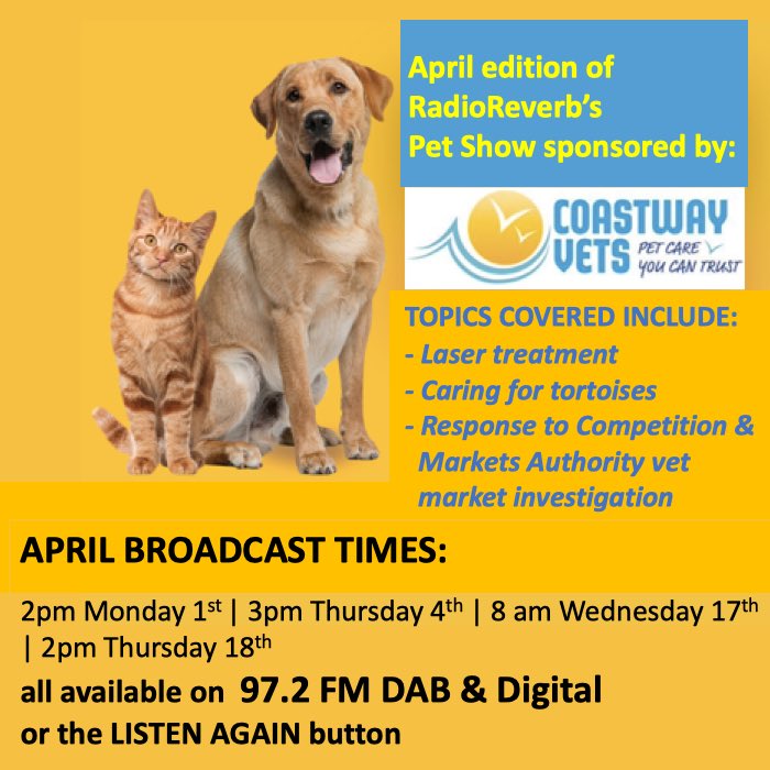 Missed today’s first airing of ⁦@radioreverb⁩ Pet Show sponsored by ⁦@coastwayvets⁩? Don’t fret you can catch it on Thursday 4th at 3pm. Topics cover are laser treatment; caring for tortoises after hibernation and the ⁦⁦⁦@CMAgovUK⁩ vet market investigation