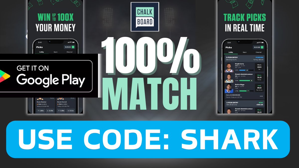 thedfsshark's tweet image. Android Users Chalkboard Is Finally Here! 🎉
 
Sign up using the code "SHARK" and I will set you up in the premium for 30 days! ✅
 
Chalkboard has a lot of discounts and lines you won't find on Prizepicks and Underdog.  

Here is the link to the Play Store ⬇️⬇️⬇️…