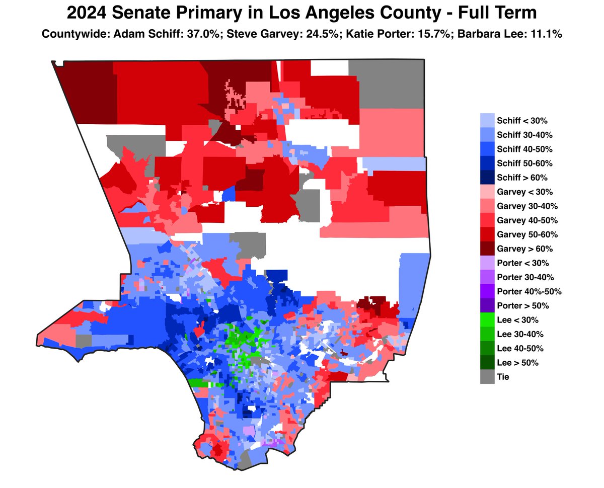 Despite finishing in 4th place, Barbara Lee won leftist parts of LA like Koreatown and Echo Park. She broke 30% in many Black areas, but Schiff won most of them. Porter won Long Beach, a progressive town near Orange County. Garvey won places that haven't been red for a long time