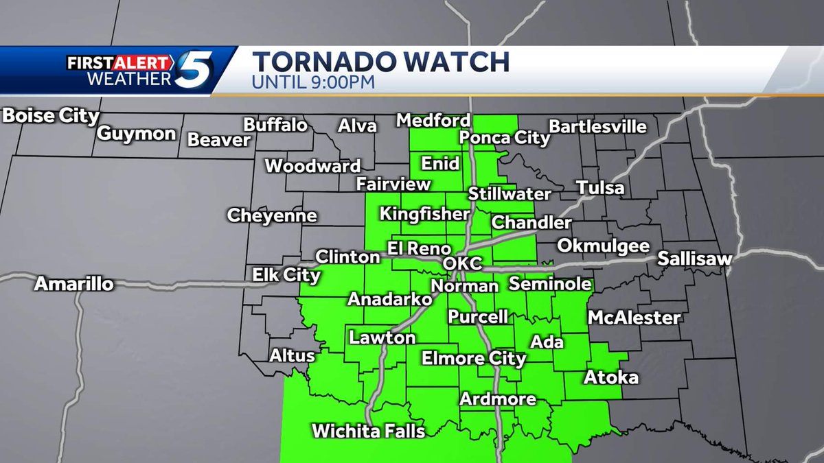 Oklahoma: TORNADO WATCH now in effect until 9pm. Also, watching for very large hail, up to SOFTBALL SIZE hail in the strongest storms. For Central Oklahoma: 5pm-8pm will be the most active hours.