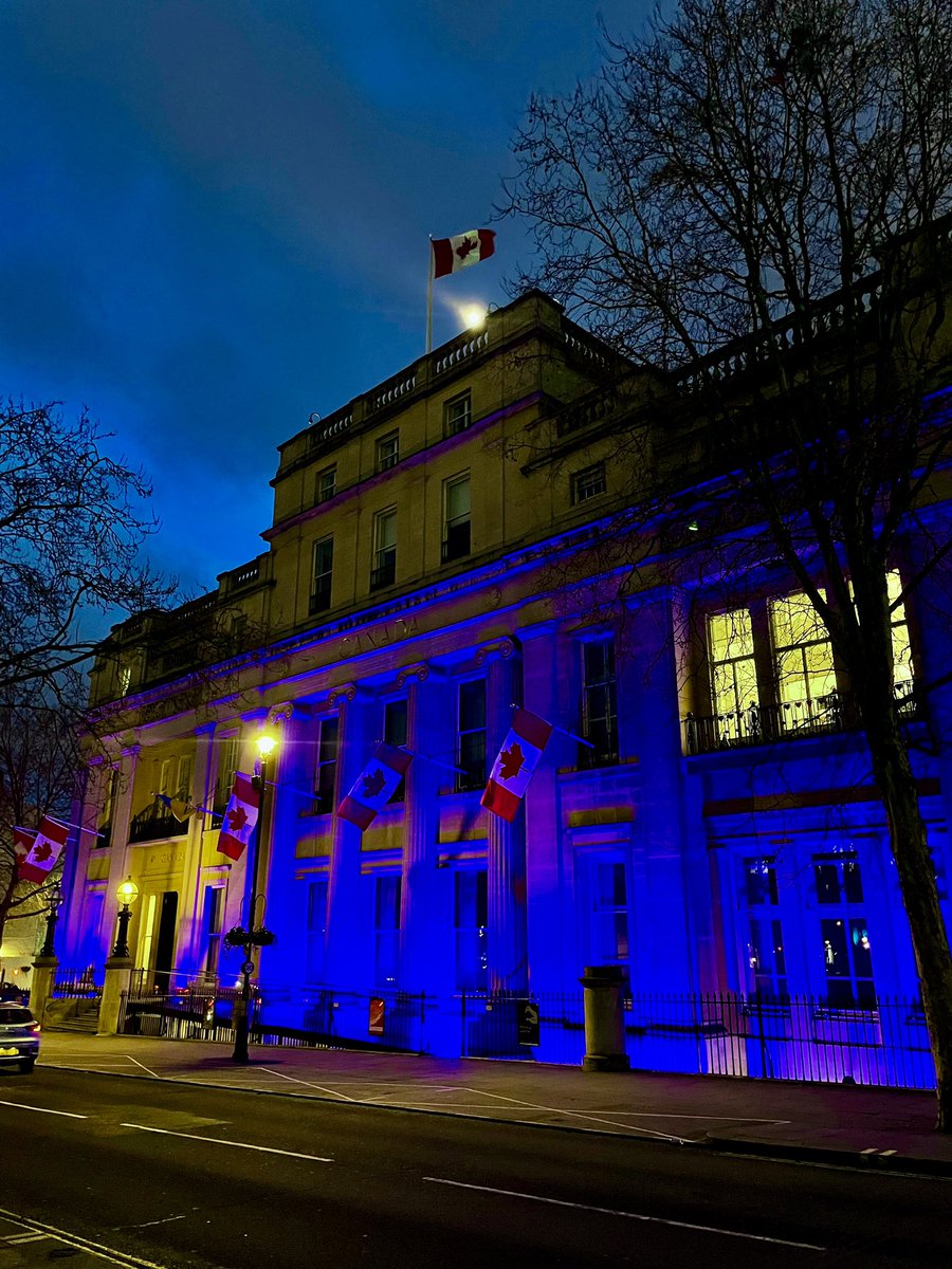 Proud to be part of history by illuminating #CanadaHouse in honour of the Royal Canadian Air Force's Centennial anniversary today! 💙✈️✨ 

Let's make our support for the @RCAF_ARC known far and wide. #RCAF100 #100YearsOfFlyingBlue #YourAirForce