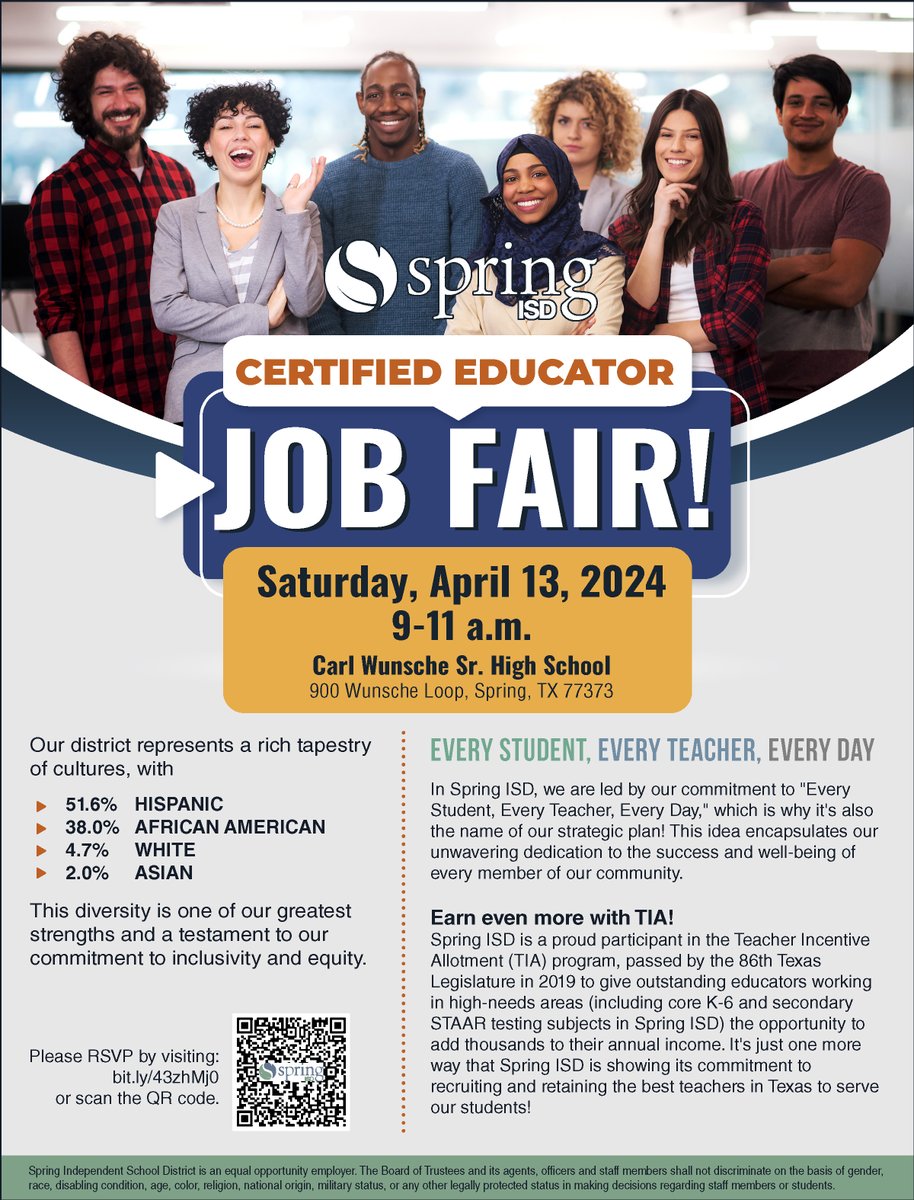 📢SPREAD THE WORD: Don't miss our Certified Educator Job Fair at Wunsche High School on Saturday, April 13th at 9:00 a.m.! Whether you're an experienced educator or just starting your career journey, we have opportunities for you. Please RSVP by visiting: bit.ly/43zhMj0