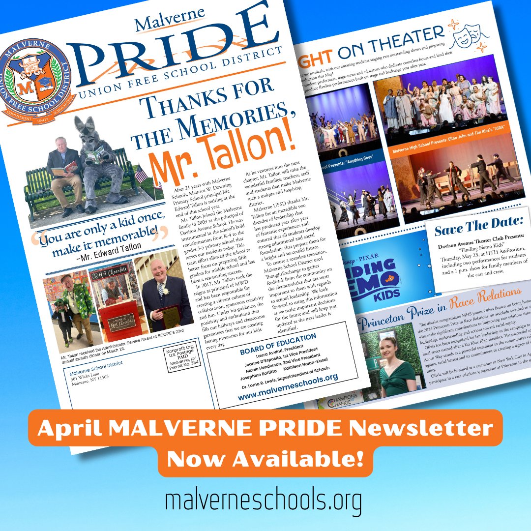 The April edition of the Malverne Pride newsletter will be in mailboxes soon! You can also view it online at: malverneschools.org/district/malve… #ExcellenceOnPurpose #GoMules @MalverneHS @HTHMiddleSchool @DAVintermediate @MWDPrimary @mr_tallon @MalverneMusic @ViewMALVERNE @supt4kids
