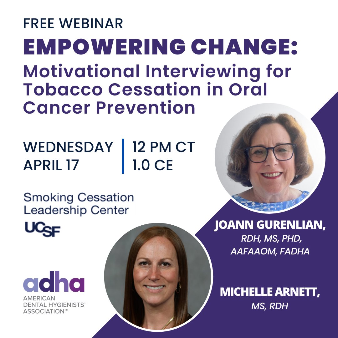 Learn motivational interviewing to help patients quit smoking. Assess readiness to quit and guide change conversations using Ask, Advise, Refer. Special guest from the CDC’s 2024 Tips From Former Smokers campaign. Register now at ow.ly/RM8W50R5YUa #oralcancerawarenessmonth
