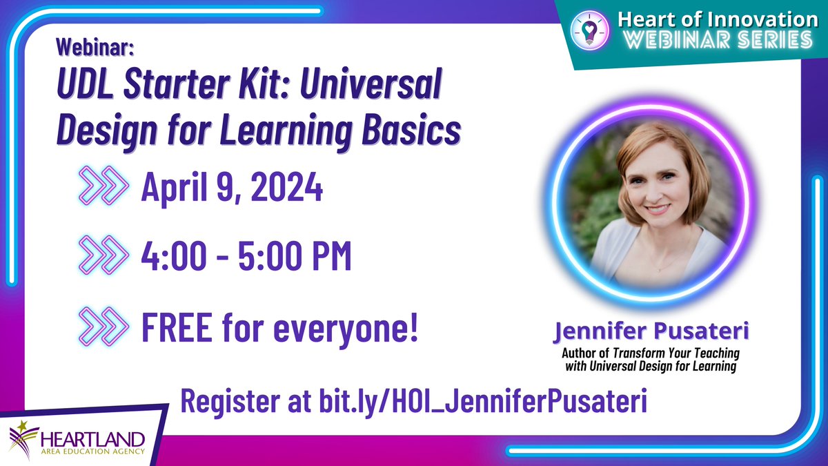 Join us for our upcoming Heart of Innovation Webinar with @Jen_Pusateri UDL Starter Kit! Register here---> heartlandaea.zoom.us/webinar/regist… #UDLchat #heartlandaea