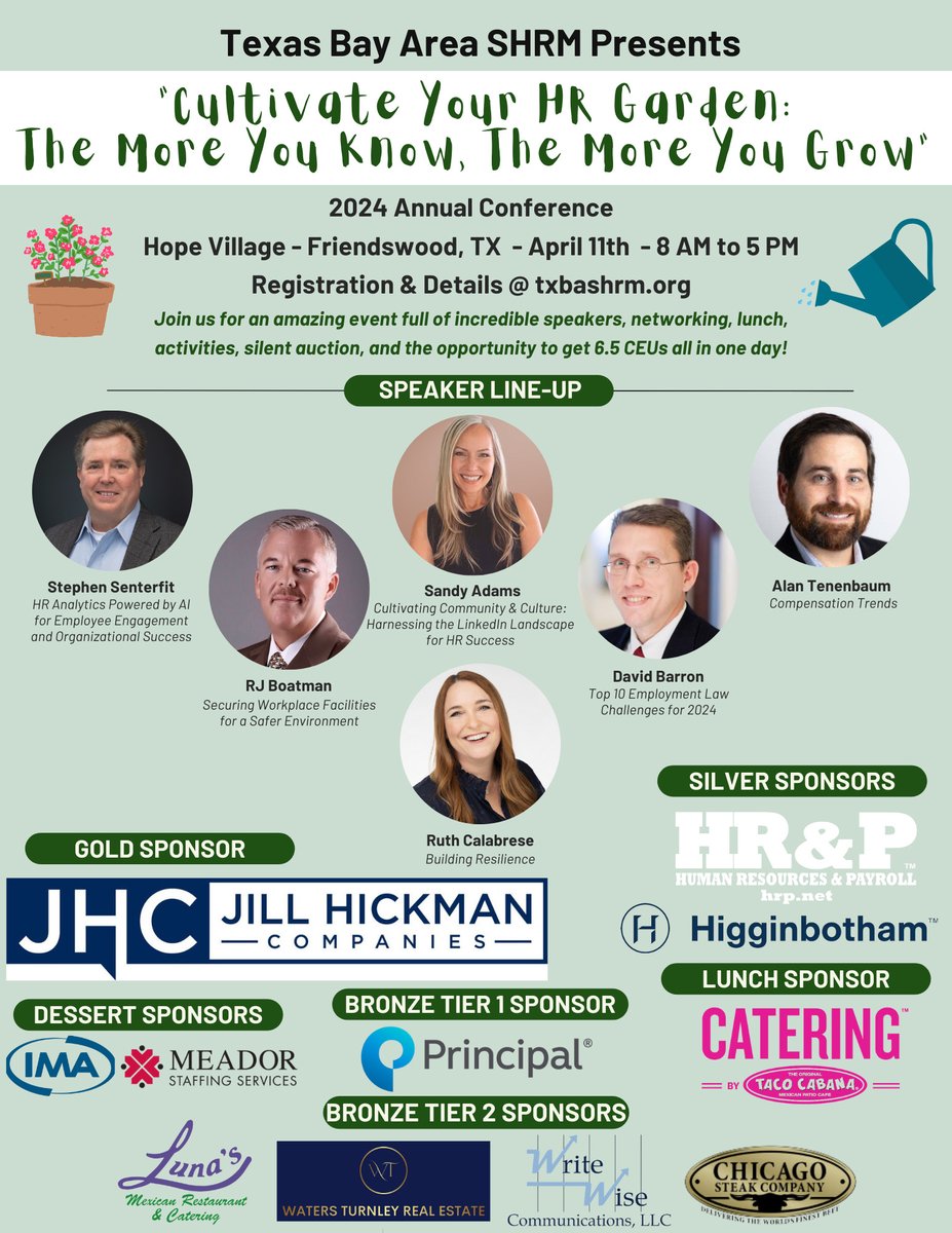 txbashrm's tweet image. Can you believe it? April is here and our annual conference is NEXT WEEK! We can’t wait to see all of our old and new HR friends, plus our wonderful lineup of speakers and sponsors! Still need to register? ➡️ txbashrm.org