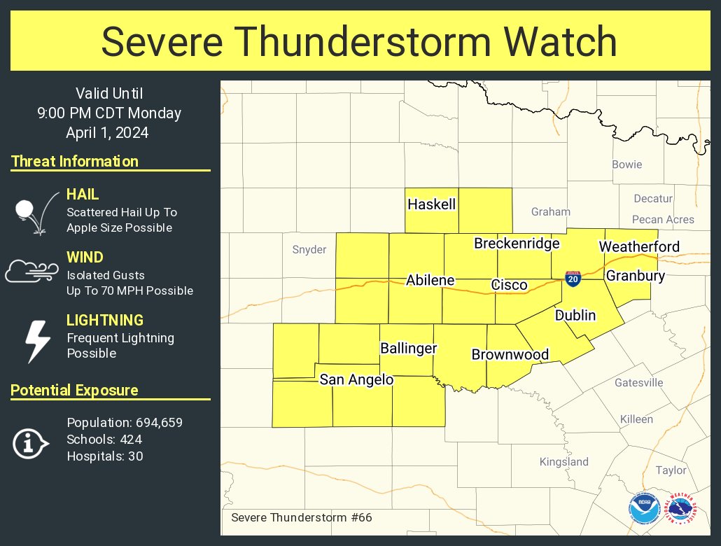 A severe thunderstorm watch has been issued for parts of Texas until 9 PM CDT