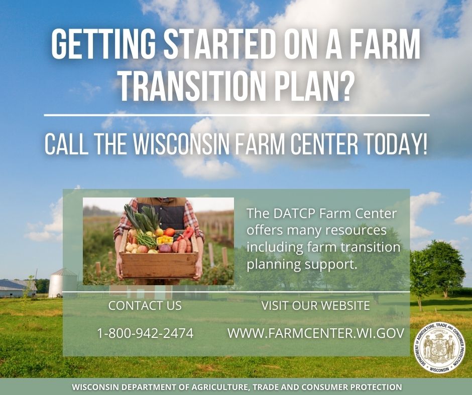 Are you getting started on a farm transition plan? Wisconsin Farm Center staff consult with Wisconsin farmers on topics such as farm viability, debt structure, ​cost of production, and cash flow. Learn more at farmcenter.wi.gov.

#WisconsinFarmCenter #DATCP