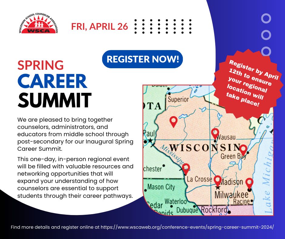 We will be hosting regional Counselor Career Summits in SIX different regions across the state on Friday, April 26, 2024! Register by April 12th to ensure your regional location can run. Full details and registration can be found on our website buff.ly/3IeHxeH