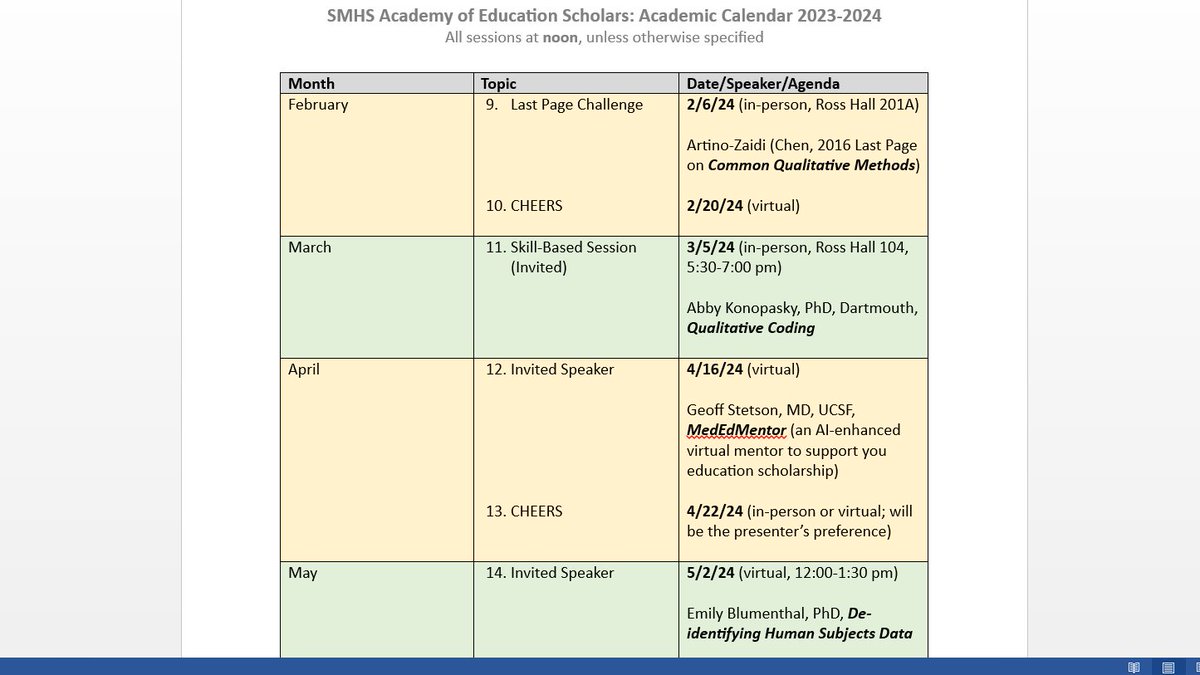 Great things are happening inside @GWSMHS's Academy of #Education #Scholars! Here's our calendar of upcoming #MedEd/#HPE events for the next few months, finishing off AY23-24. We're really looking forward to welcoming @GStetsonMD on April 16th to learn more about…