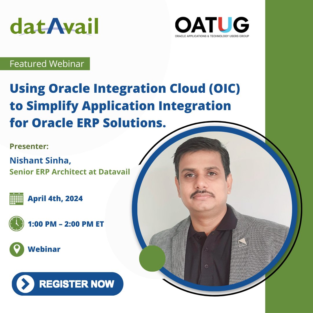 datavail's tweet image. The clock is ticking! Don&apos;t miss Datavail&apos;s upcoming eLearning session with @OATUG1  on April 4th. Discover how Oracle Integration Cloud (#OIC) can revolutionize your approach to application integration within #OracleERP: bit.ly/3viKF6i

#oracle #oraclecloud #cloud #erp