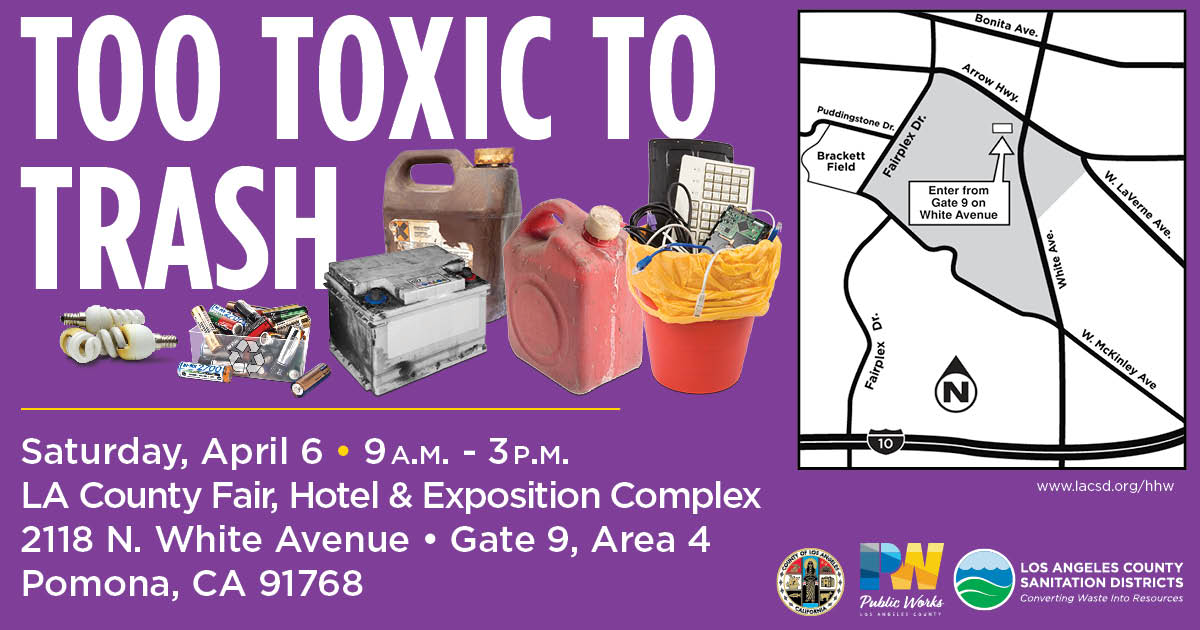FREE Household Hazardous Waste & #EWaste Roundup on Sat Apr 6 in #Pomona at the LA County Fair, Hotel & Exposition Complex, Gate 9, Area 4 (2118 N White Avenue) from 9am to 3pm. Bring paints, oils, sharps, computers, TVs & more. Open to all of #LACounty!➡️lacsd.org/home/showpubli…