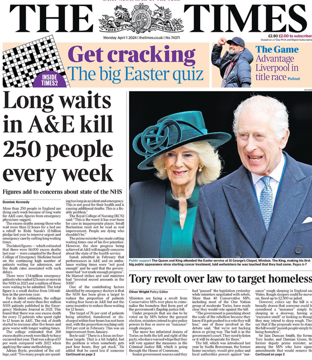 Rishi Sunak, January 2023: 'We're either delivering for you or we're not... so judge us... on the results that we achieve.' The Times, 1st April 2024: 'Over 250 A&E patients die each week due to long NHS waiting times.'