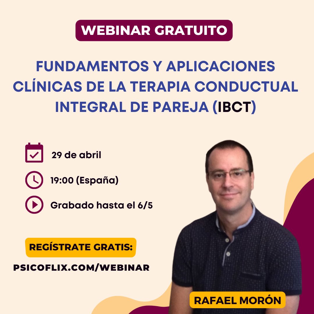 psicoflix's tweet photo. ¡WEBINAR GRATUITO! 

Rafael Morón nos ayudará a enriquecer nuestras habilidades clínicas abordando los fundamentos de la Terapia Conductual Integral de Pareja

⏰  29 de abril a las 19:00

📹 Quedará grabado una semana 

📝 Apúntate gratis: https://t.co/k7e4wLufiW https://t.co/UFsZNua7Ti