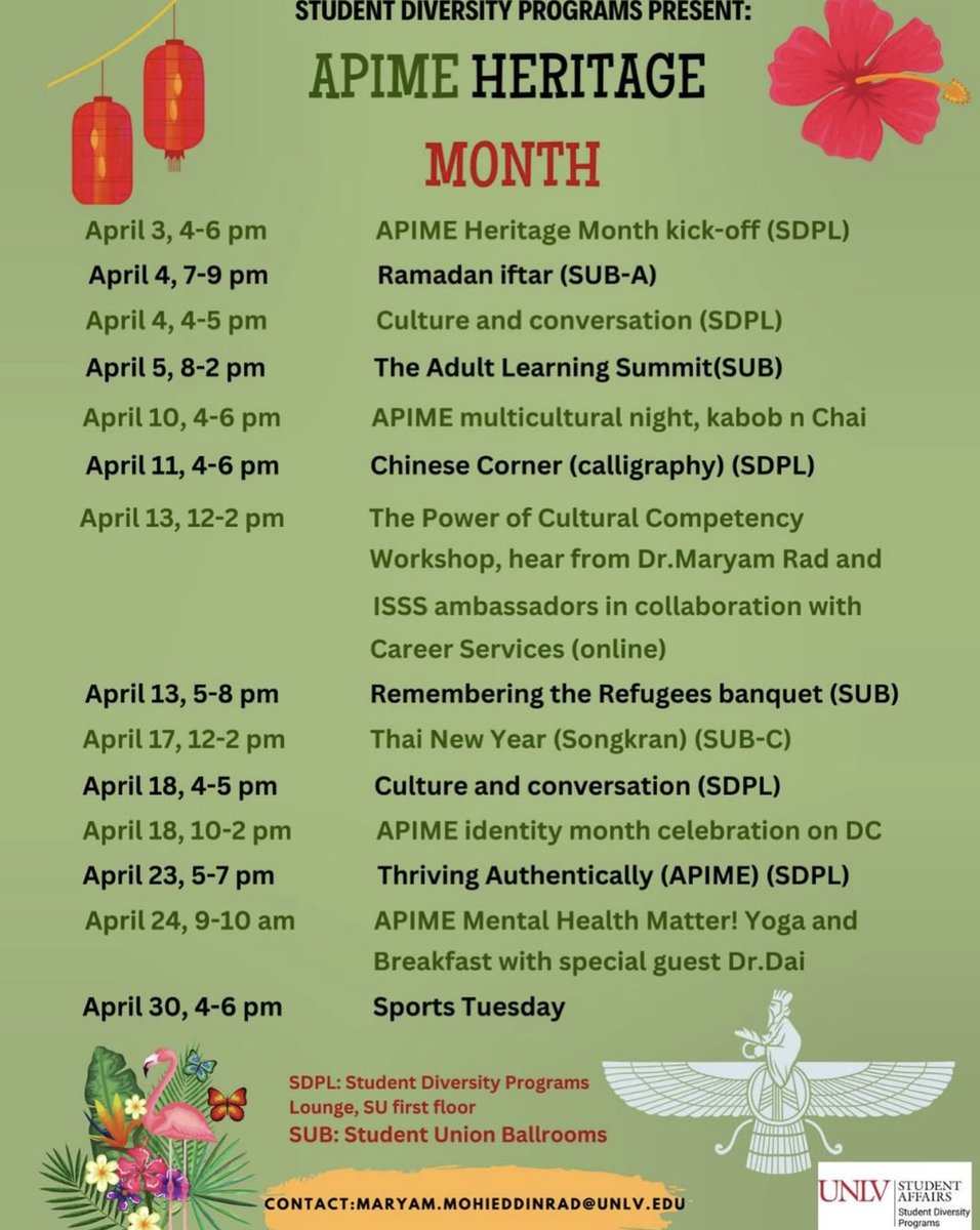 UNLV celebrates APIME Heritage Month in April to recognize people of Asian, Pacific Islander and Middle Eastern heritage during the academic year. Join UNLV Student Diversity Programs for an incredible lineup of events and activities this month. unlv.edu/diversity/apime