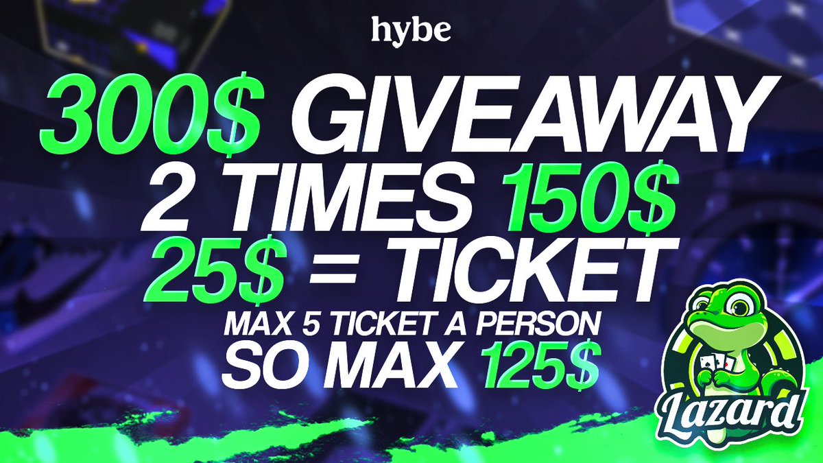 💰$300 Giveaway! On HYBE
⚡️RT + Tag 2 (Random 20$)
🎟️Max 5 ticket (1 ticket=25$)
🍀After you deposit send proof on discord server or twitter dm!
⏳21-4 last day to deposit!
💵prices in crypto
#hybe #Giveaway #GiveawayAlert #cryptogiveaway #hybegiveaway #GiveawayUser #Competition