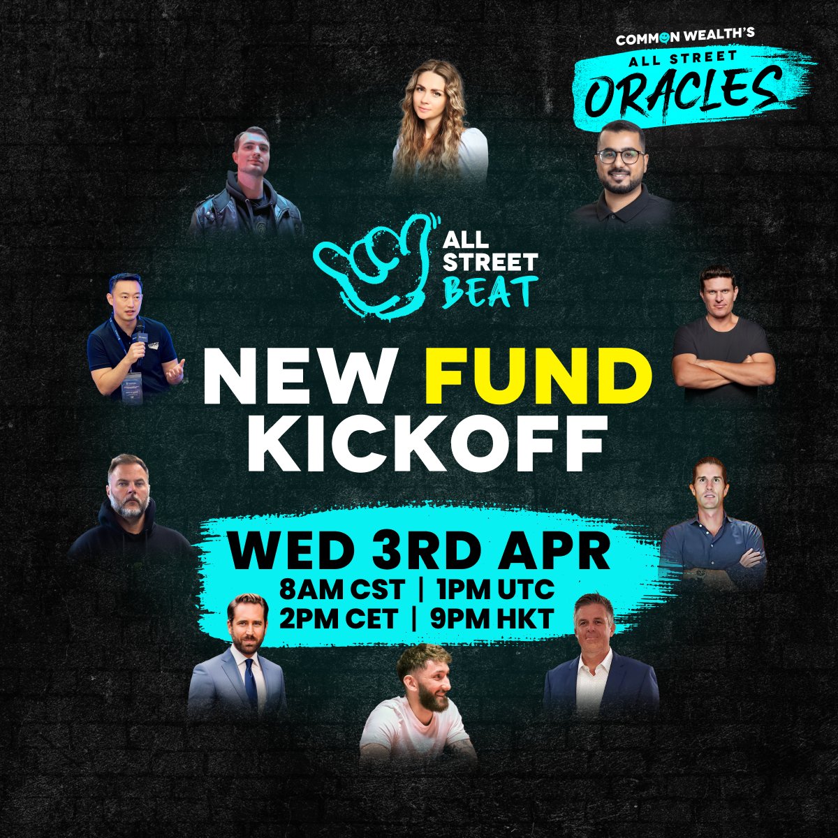 ALL STREET BEAT ON APRIL 3RD!

Save the date on your calendars!

We’ll be having an alpha-packed session about the market, smart money movements and will start discussions around our NEW FUND! 🧠🔥

We’ll be joined by the Oracles who will be giving us their alpha insights!