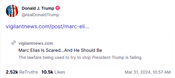 A week ago I wrote an article about Marc Elias and the lawfare against President Trump failing. Today it got reposted by Donald Trump. 

Top Democrat lawyer Marc Elias, that party’s go-to guy for rigging and stealing elections, has every reason to be scared.