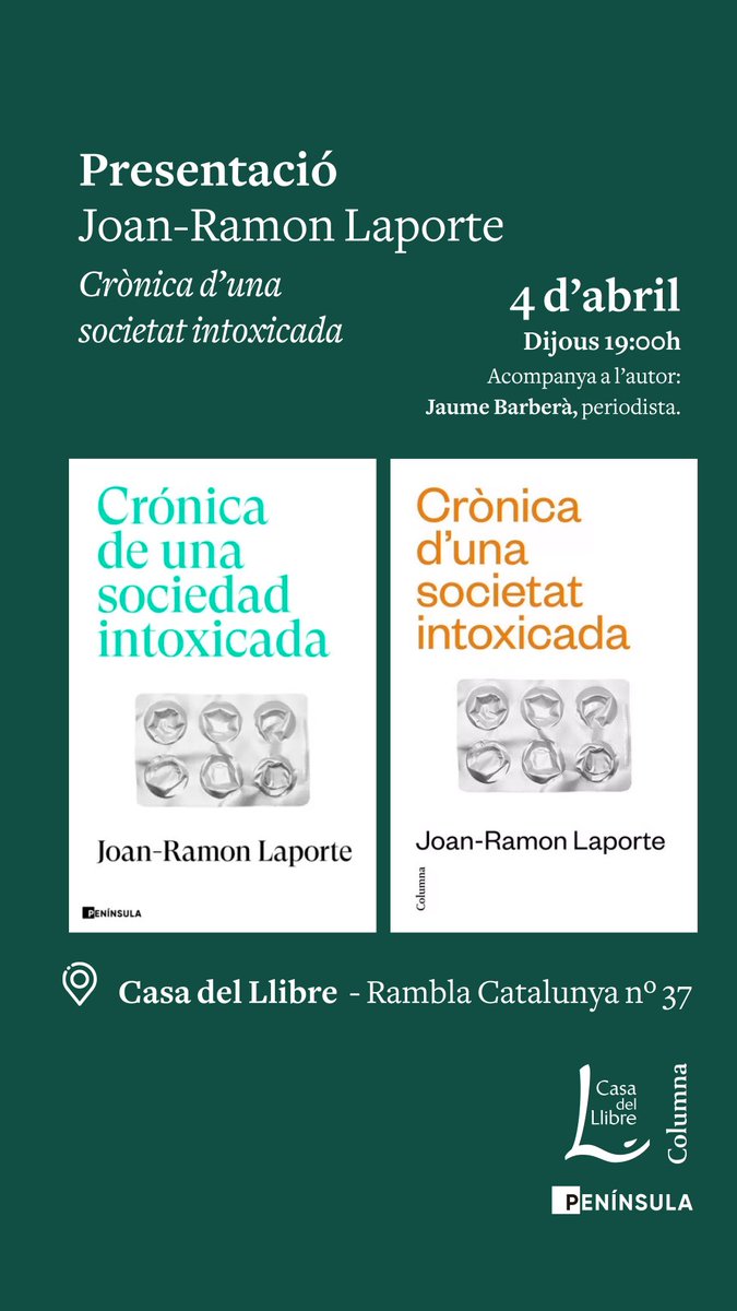 El proper dijous dia 4 amb en @JaumeBarbera presentem el llibre Crònica d'una societat intoxicada a Barcelona @columnaedicions @Planetadelibros