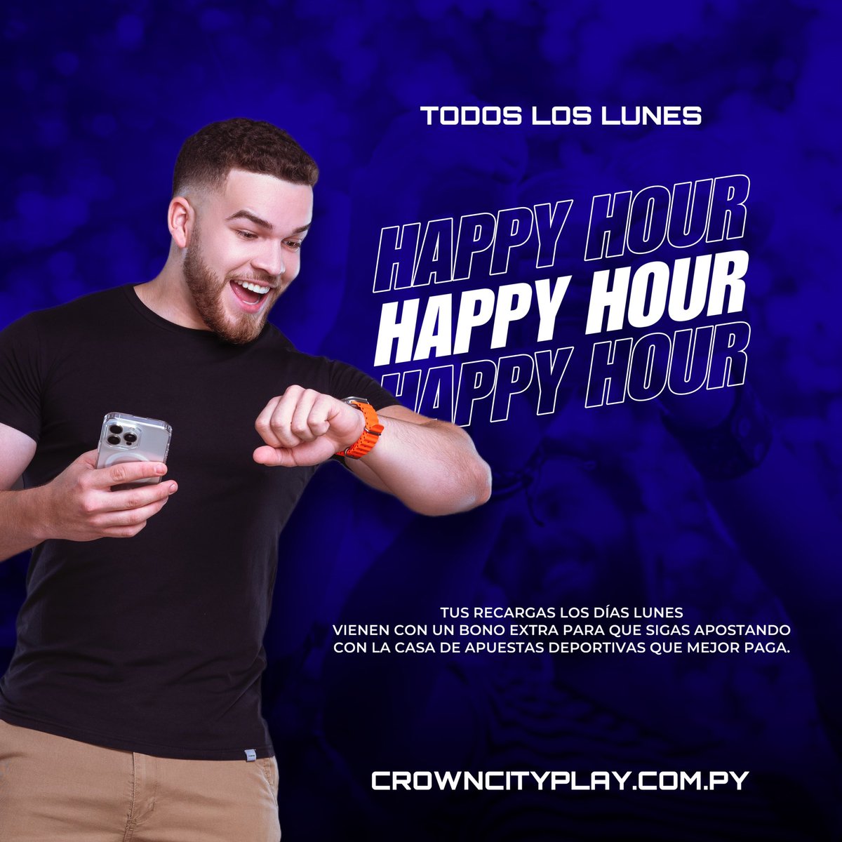 HAPPY HOUR 🎉

Todos los lunes de tus recargas vienen con un bono de 30.000gs. ( freebet ) para que puedas seguir apostando. 

- ⁠Promoción válida desde las 17:00hs. Hasta las 18:00hs. 
- Accedes a la promo con una recarga mínima de 30.000gs

MÁS INFORMACIÓN AL 0971-819040 📲