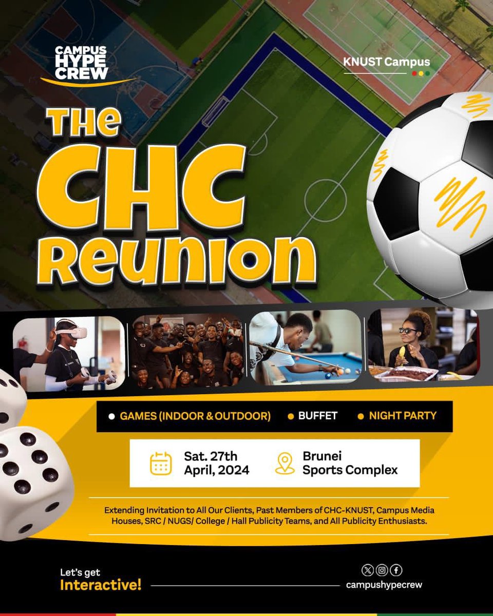 watsuptek's tweet photo. The @CampusHypeCrew Reunion will be happening on Saturday 27th of April 2024 at the Brunei Sports complex.

There will be Indoor and outdoor games, buffet and a night party, you can’t miss it!🤩

#TheCHCReunion 
#WatsuptekReport https://t.co/yJXGiqUwI1