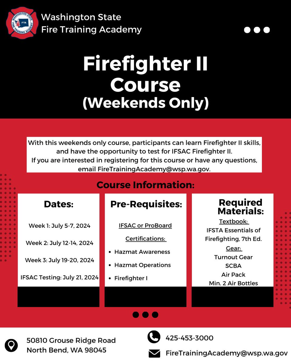 #Register now for the upcoming Firefighter II course! 
#WAFTA #WAFireAcademy #NewCourse #Firefighters #WAFirefighters