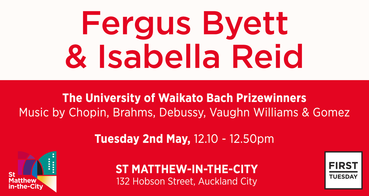 Wrap up your Easter weekend with us at midday today. Come and enjoy two very talented performers treat us to music by Chopin, Brahms, Debussy and more. Entry by koha!