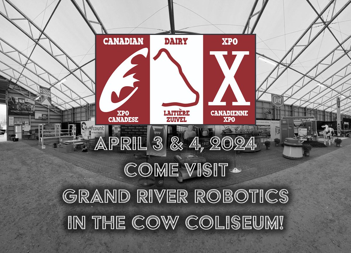 GRRobotics's tweet photo. Today we started setting up for the CDX!
Come see all the products we have to offer at our booth in the Cow Coliseum as well as the German Pavilion
We can’t wait to see you April 3 & 4!
#Grandriverrobotics #Lely #Bock #BvL #Hoofcount #Dairypower #Boetch #Serigstad https://t.co/DLwjTJgPQO