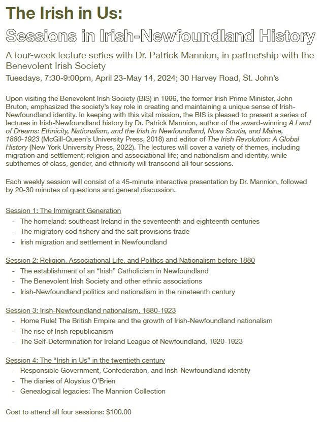 The Irish in Us - A four-week lecture series with Dr. Patrick Mannion, in partnership with the Benevolent Irish Society.  April 23 - May 14, 2024.  See you there!