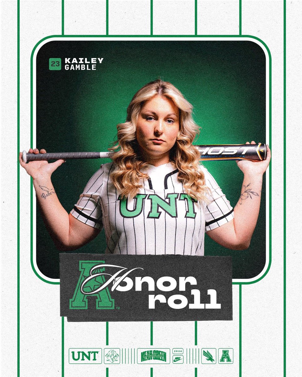 𝙂𝙖𝙢𝙗𝙡𝙚 𝙉𝙖𝙢𝙚𝙙 𝙩𝙤 𝘼𝘼𝘾 𝙃𝙤𝙣𝙤𝙧 𝙍𝙤𝙡𝙡 @kaileygam helped UNT collect three wins last week and posted a team-high 5 RBI including the game-winning hit on Saturday! Congratulations, Kailey 👏 #GMG 🟢🦅