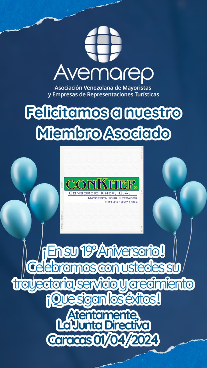 Felicitamos a nuestra empresa miembro *CONKHEP* por el arribo a su 19° Aniversario, esperando celebren muchos años más, de trabajo y crecimiento en la Industria Turística Nacional... Felicidades 👏🏻 <a href="/Conkhep/">Consorcio Khep</a>
