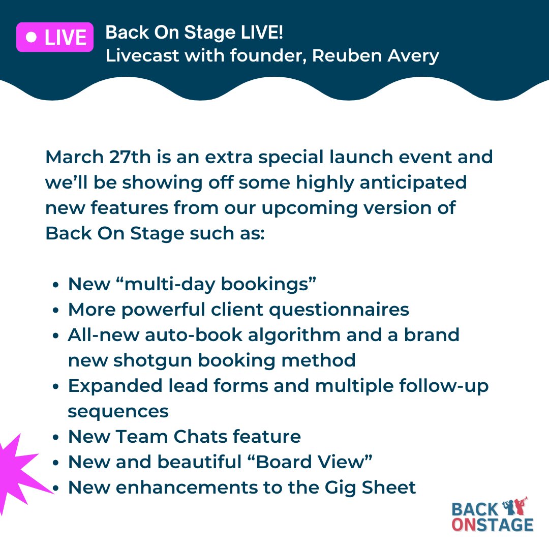 🚀 Save the date! March 27th marks our 'Back On Stage Live Launch' event with @ursa_live! 🎉 Discover the future of music management with exciting new features like multi-day bookings, powerful client questionnaires, and more! 🎵 #BackOnStage #LiveLaunch #MusicManagement