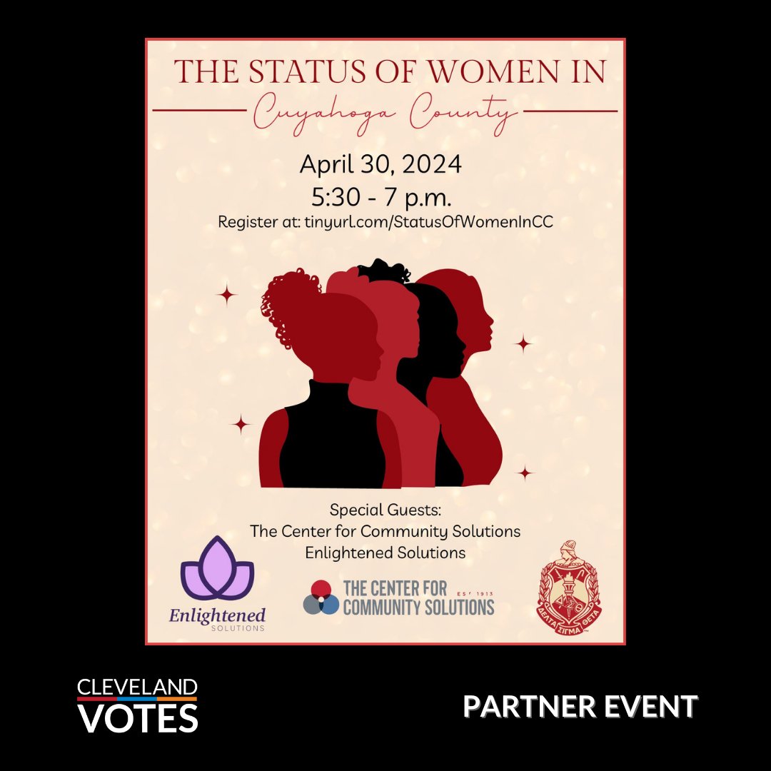Join our friends <a href="/CommunitySols/">Community Solutions</a>, <a href="/WorkEnlightened/">Enlightened Solutions</a>, and <a href="/DSTCleveland/">Greater Cleveland</a> on Tuesday, April 30 at 5:30 p.m. for a provocative presentation on policy advocacy, research, and data analysis on the Status of Women in Cuyahoga County.

Register at tinyurl.com/StatusOfWomenI…