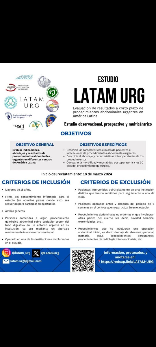 Cx Colorrectal Colaborativa LATAM (@latamccr) on Twitter photo El nuevo esfuerzo de <a href="/latamccr/">Cx Colorrectal Colaborativa LATAM</a> se llama <a href="/LatamUrg/">DIVERTICULAR-LATAM</a> , es prospectivo e include cirugía abdominal de urgencia en #latam.
Arrancamos con 17 hospitales, que esperas para anotarte?
Info: redcap.link/LATAM-URG
<a href="/PipeCabreraV/">Dr Luis Felipe Cabrera Vargas MD FACS MACC MACCVA</a> <a href="/RAZ_doctor/">Ruben Aguilar Zapag</a> <a href="/sopacipy/">Sociedad Paraguaya de Cirugía</a> <a href="/nlavellaneda/">Nicolas Avellaneda</a> <a href="/CelestinoGutirr/">Dr Celestino Gutiérrez González MD 🇪🇸🍏🇻🇪</a> El nuevo esfuerzo de <a href="/latamccr/">Cx Colorrectal Colaborativa LATAM</a> se llama <a href="/LatamUrg/">DIVERTICULAR-LATAM</a> , es prospectivo e include cirugía abdominal de urgencia en #latam.
Arrancamos con 17 hospitales, que esperas para anotarte?
Info: redcap.link/LATAM-URG
<a href="/PipeCabreraV/">Dr Luis Felipe Cabrera Vargas MD FACS MACC MACCVA</a> <a href="/RAZ_doctor/">Ruben Aguilar Zapag</a> <a href="/sopacipy/">Sociedad Paraguaya de Cirugía</a> <a href="/nlavellaneda/">Nicolas Avellaneda</a> <a href="/CelestinoGutirr/">Dr Celestino Gutiérrez González MD 🇪🇸🍏🇻🇪</a>